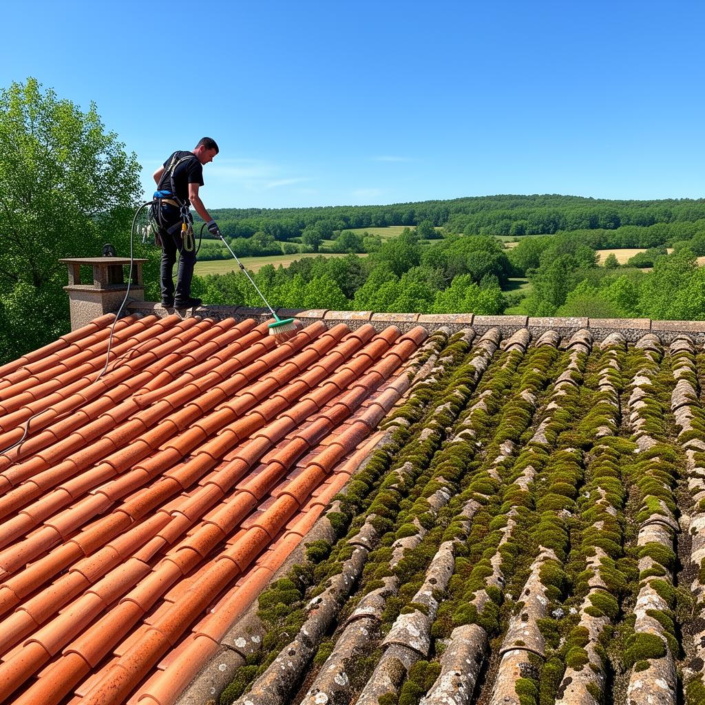Démoussage et nettoyage d'une toiture à Bergerac par un couvreur